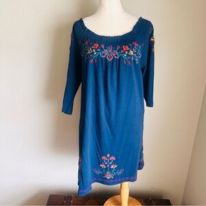 Johnny Was JWLA Embroidered Boho Tunic Dress Blue Floral M